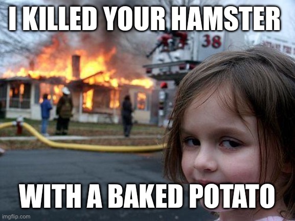 Disaster Girl | I KILLED YOUR HAMSTER; WITH A BAKED POTATO | image tagged in memes,disaster girl | made w/ Imgflip meme maker