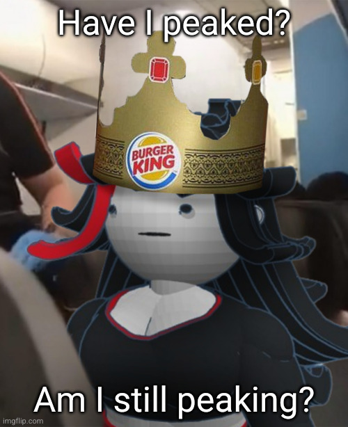 Claire Burger King Crown Airplane | Have I peaked? Am I still peaking? | image tagged in claire burger king crown airplane | made w/ Imgflip meme maker