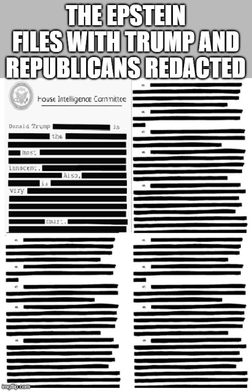 He din do nothin! QQ | THE EPSTEIN FILES WITH TRUMP AND REPUBLICANS REDACTED | image tagged in trump,pedo,epstein,redacted,okay | made w/ Imgflip meme maker