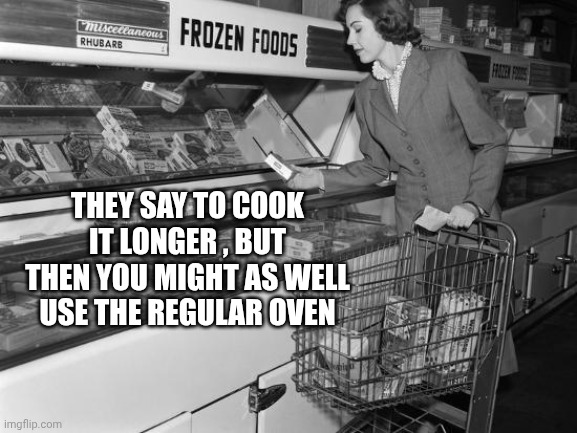 frozen food | THEY SAY TO COOK IT LONGER , BUT THEN YOU MIGHT AS WELL USE THE REGULAR OVEN | image tagged in frozen food | made w/ Imgflip meme maker