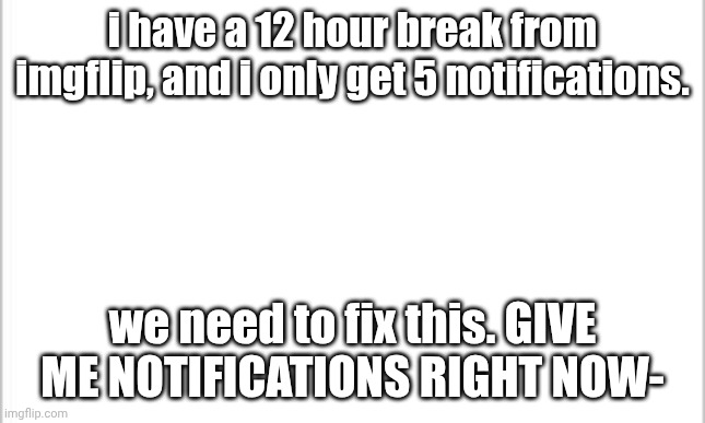 white background | i have a 12 hour break from imgflip, and i only get 5 notifications. we need to fix this. GIVE ME NOTIFICATIONS RIGHT NOW- | image tagged in white background | made w/ Imgflip meme maker