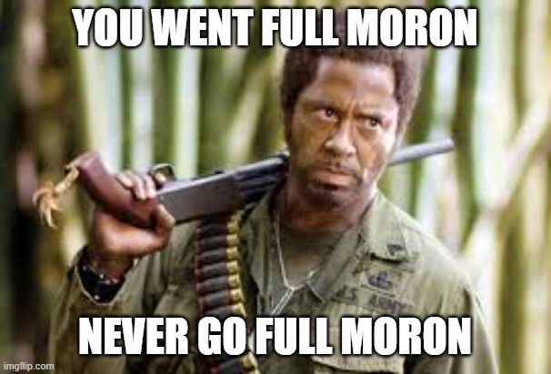You went full moron never go full moron | YOU WENT FULL MORON NEVER GO FULL MORON | image tagged in you went full moron never go full moron | made w/ Imgflip meme maker
