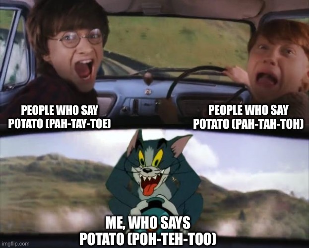 I don’t get into potato arguments, okay? | PEOPLE WHO SAY POTATO (PAH-TAH-TOH); PEOPLE WHO SAY POTATO (PAH-TAY-TOE); ME, WHO SAYS POTATO (POH-TEH-TOO) | image tagged in tom chasing harry and ron weasly | made w/ Imgflip meme maker