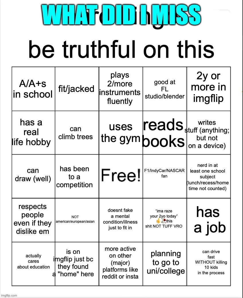 ima sleep after ts | WHAT DID I MISS | image tagged in hard bingo for msmg | made w/ Imgflip meme maker