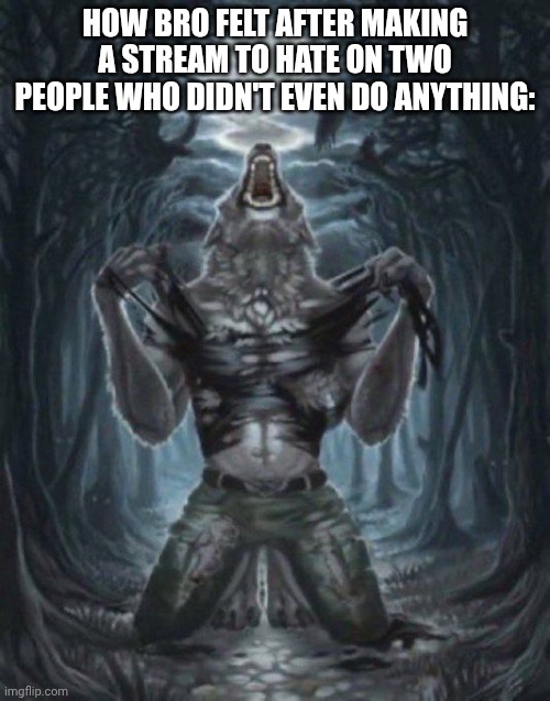 alpha wolf | HOW BRO FELT AFTER MAKING A STREAM TO HATE ON TWO PEOPLE WHO DIDN'T EVEN DO ANYTHING: | image tagged in alpha wolf | made w/ Imgflip meme maker