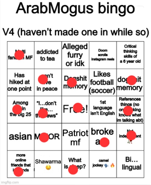ArabMogus bingo V4 | image tagged in arabmogus bingo v4 | made w/ Imgflip meme maker