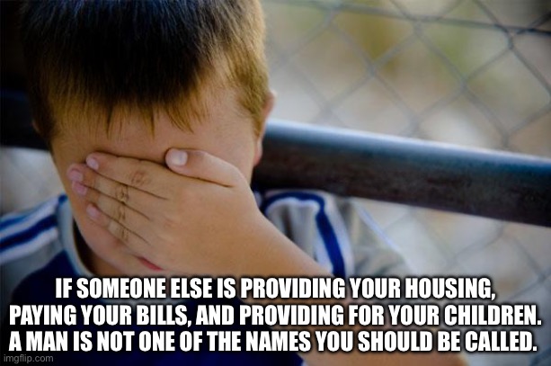 Exactly | IF SOMEONE ELSE IS PROVIDING YOUR HOUSING, PAYING YOUR BILLS, AND PROVIDING FOR YOUR CHILDREN. A MAN IS NOT ONE OF THE NAMES YOU SHOULD BE CALLED. | image tagged in memes,confession kid | made w/ Imgflip meme maker