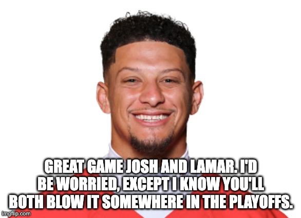GREAT GAME JOSH AND LAMAR. I'D BE WORRIED, EXCEPT I KNOW YOU'LL BOTH BLOW IT SOMEWHERE IN THE PLAYOFFS. | image tagged in baltimore ravens,buffalo bills | made w/ Imgflip meme maker