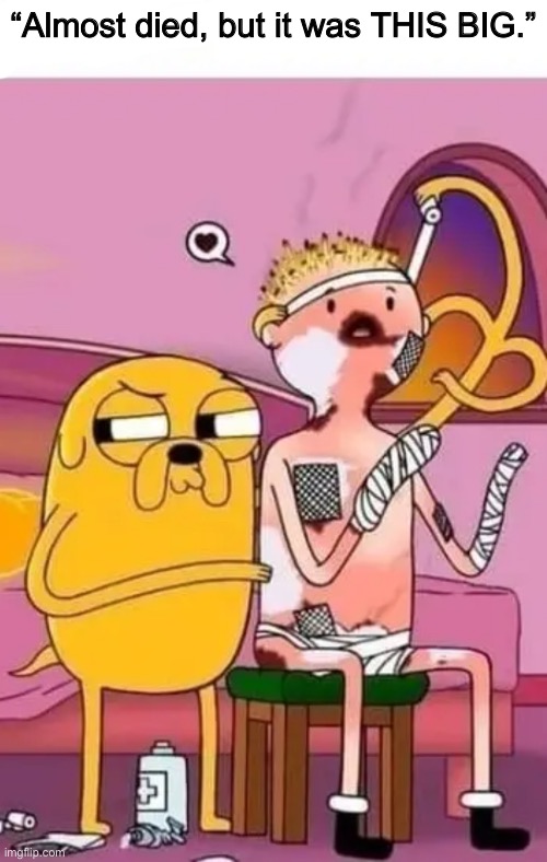 “Almost died, but it was THIS BIG.” | image tagged in adventure time,memes,shitpost,cropped po | made w/ Imgflip meme maker
