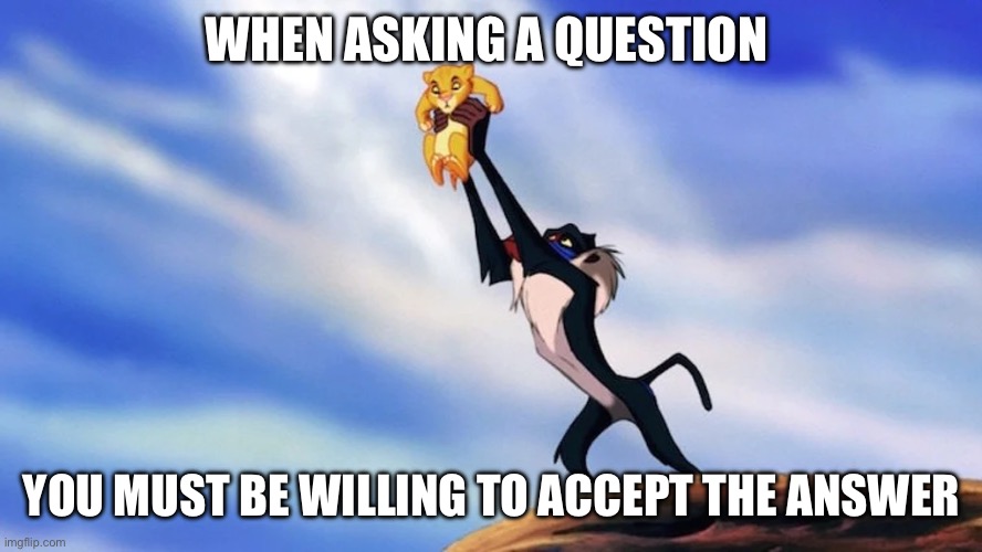 Ok | WHEN ASKING A QUESTION; YOU MUST BE WILLING TO ACCEPT THE ANSWER | image tagged in circle of life | made w/ Imgflip meme maker