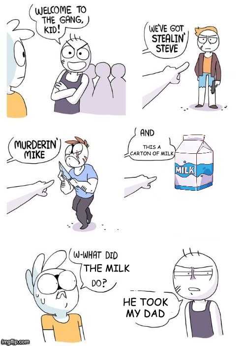 Milk | THIS A CARTON OF MILK; THE MILK; HE TOOK MY DAD | image tagged in what did x do | made w/ Imgflip meme maker