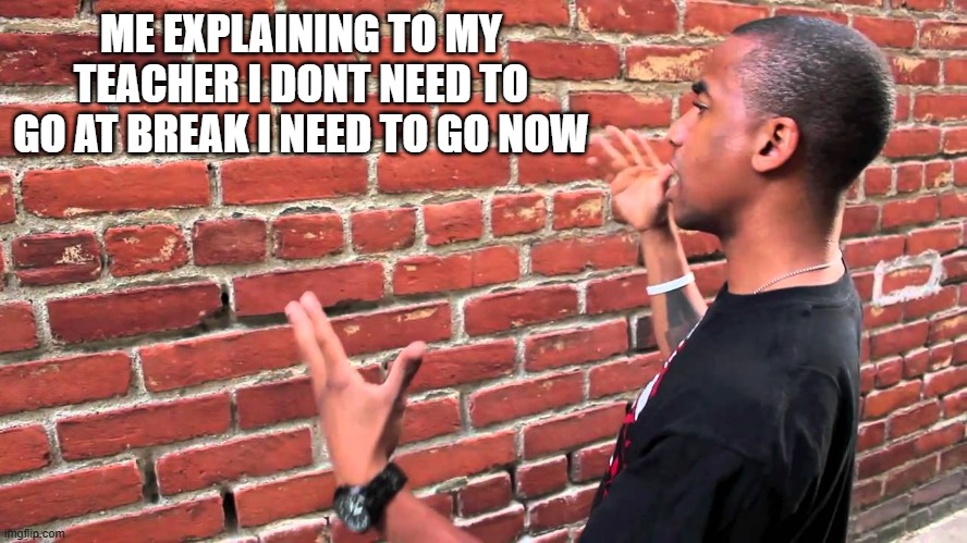 Talking to wall | ME EXPLAINING TO MY TEACHER I DONT NEED TO GO AT BREAK I NEED TO GO NOW | image tagged in talking to wall | made w/ Imgflip meme maker