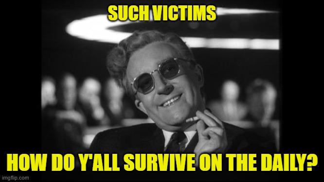 dr strangelove | SUCH VICTIMS HOW DO Y'ALL SURVIVE ON THE DAILY? | image tagged in dr strangelove | made w/ Imgflip meme maker