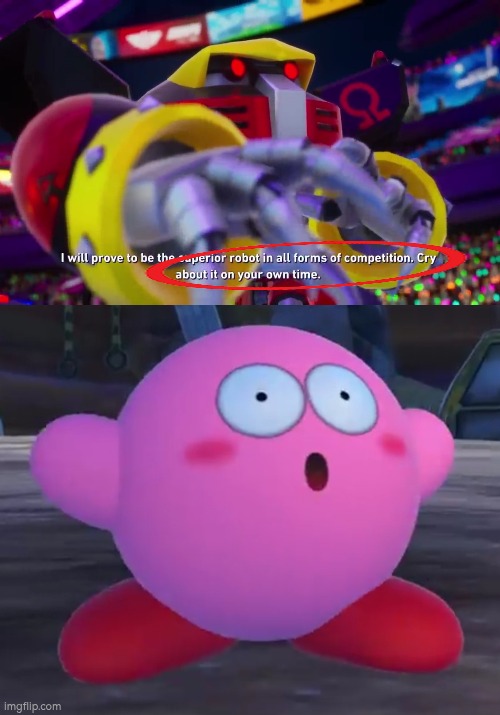 Omega, when did you learn to say that line!? (From Sonic Racing Crossworlds) | image tagged in omega,cry about it,sonic | made w/ Imgflip meme maker