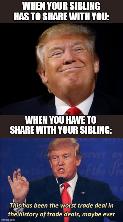 Clever title | WHEN YOUR SIBLING HAS TO SHARE WITH YOU:; WHEN YOU HAVE TO SHARE WITH YOUR SIBLING: | image tagged in smug trump,donald trump worst trade deal,funny,memes,siblings | made w/ Imgflip meme maker