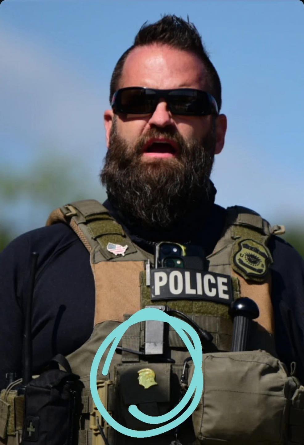 Federal agent wearing gold pin of Trump's profile Blank Meme Template