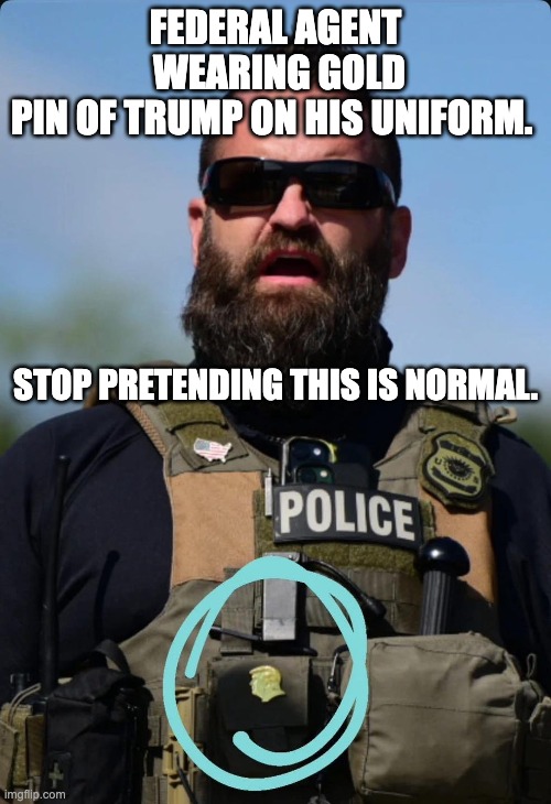 Federal agent wearing gold pin of Trump's profile | FEDERAL AGENT  WEARING GOLD PIN OF TRUMP ON HIS UNIFORM. STOP PRETENDING THIS IS NORMAL. | image tagged in federal agent wearing gold pin of trump's profile | made w/ Imgflip meme maker