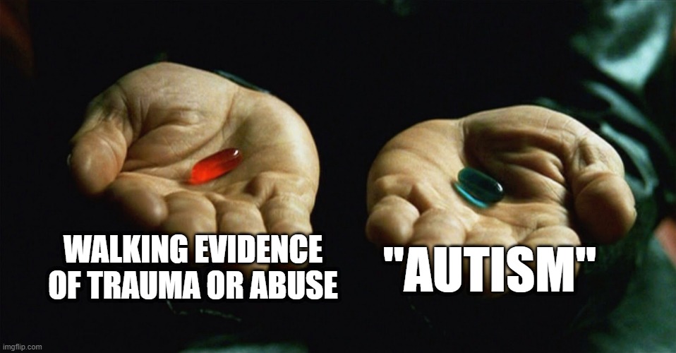 What's really baking the noodles? | WALKING EVIDENCE OF TRAUMA OR ABUSE; "AUTISM" | image tagged in red pill blue pill,matrix,red pill,blue pill,institutionalized gaslighting,psychology | made w/ Imgflip meme maker