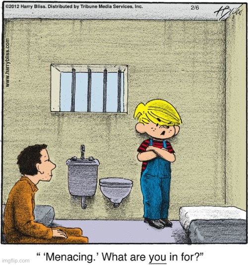 image tagged in comics,harry bliss,dennis the menace,jail,menacing | made w/ Imgflip meme maker