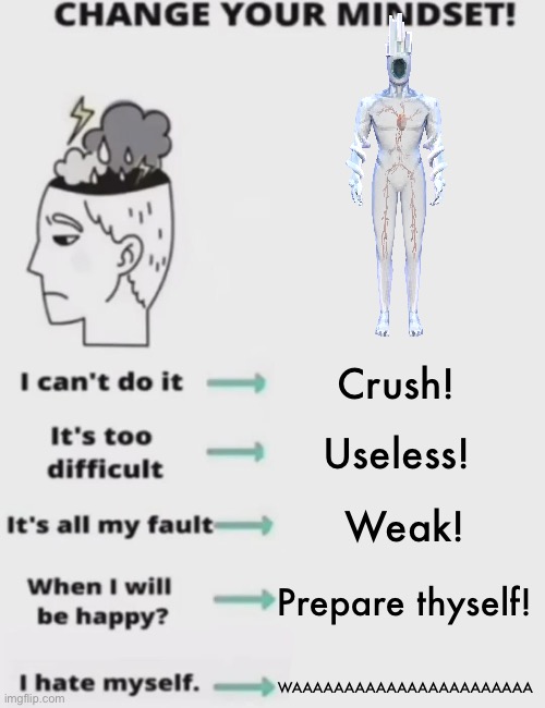 +ENRAGED | Crush! Useless! Weak! Prepare thyself! WAAAAAAAAAAAAAAAAAAAAAAA | image tagged in change your mindset | made w/ Imgflip meme maker