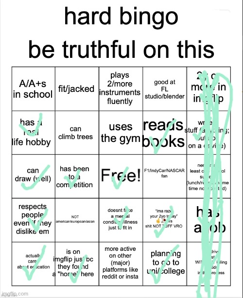 1 bingooo | image tagged in hard bingo for msmg | made w/ Imgflip meme maker