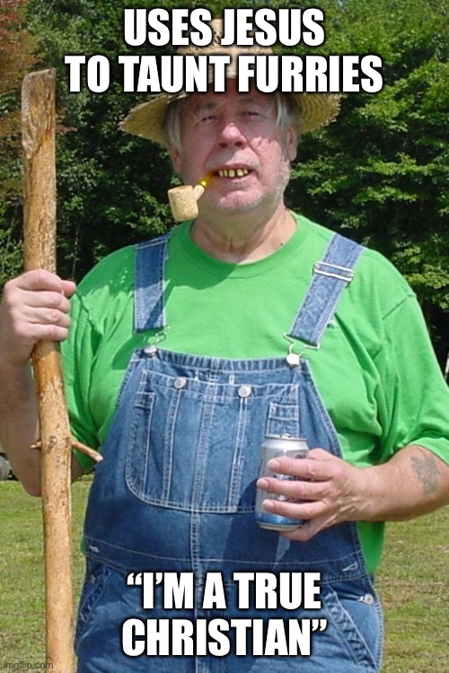 i've once been in the movement and the christians seemed that they have distorted christianity | USES JESUS TO TAUNT FURRIES; “I’M A TRUE CHRISTIAN” | image tagged in redneck farmer | made w/ Imgflip meme maker