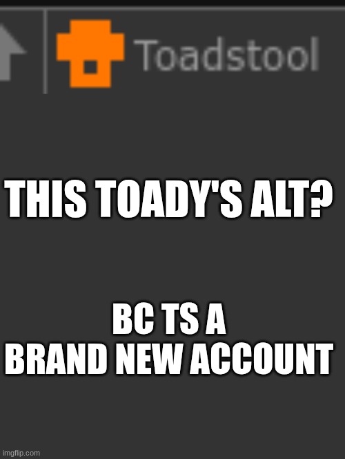THIS TOADY'S ALT? BC TS A BRAND NEW ACCOUNT | image tagged in blank dark mode square | made w/ Imgflip meme maker