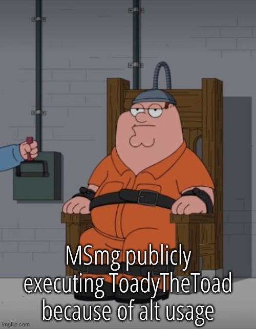 it makes more sense in context so thanks for telling me but it still sounds ridiculous lmao | MSmg publicly executing ToadyTheToad because of alt usage | image tagged in peter griffin electric chair | made w/ Imgflip meme maker