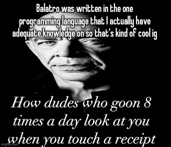 reaction image | Balatro was written in the one programming language that I actually have adequate knowledge on so that’s kind of cool ig | image tagged in reaction image | made w/ Imgflip meme maker