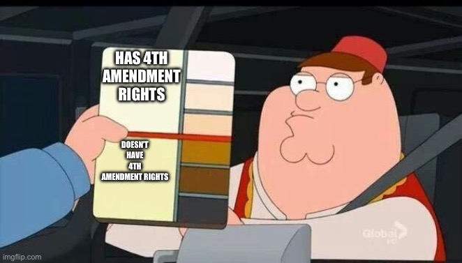 Peter Griffin skin color chart race terrorist blank | HAS 4TH AMENDMENT RIGHTS; DOESN’T HAVE 4TH AMENDMENT RIGHTS | image tagged in peter griffin skin color chart race terrorist blank | made w/ Imgflip meme maker