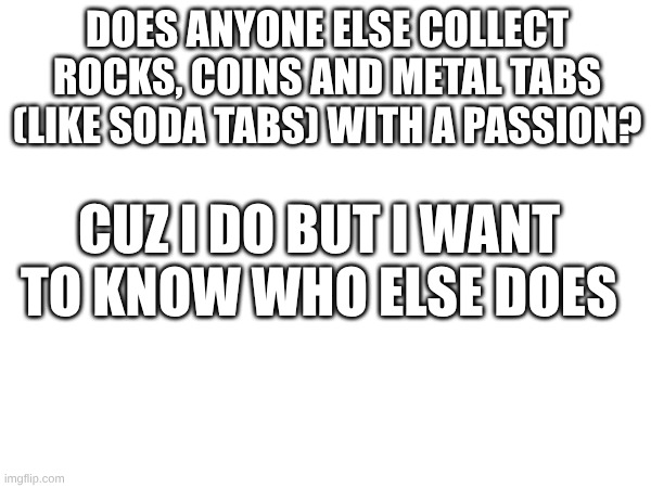 I also collect little trickets and pins and stuff hehe | DOES ANYONE ELSE COLLECT ROCKS, COINS AND METAL TABS (LIKE SODA TABS) WITH A PASSION? CUZ I DO BUT I WANT TO KNOW WHO ELSE DOES | made w/ Imgflip meme maker