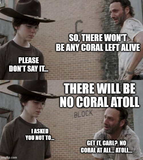 Rick and Carl | SO, THERE WON'T BE ANY CORAL LEFT ALIVE; PLEASE DON'T SAY IT... THERE WILL BE NO CORAL ATOLL; I ASKED YOU NOT TO... GET IT, CARL?  NO CORAL AT ALL... ATOLL... | image tagged in memes,rick and carl,hot oceans,no coral,no carl | made w/ Imgflip meme maker