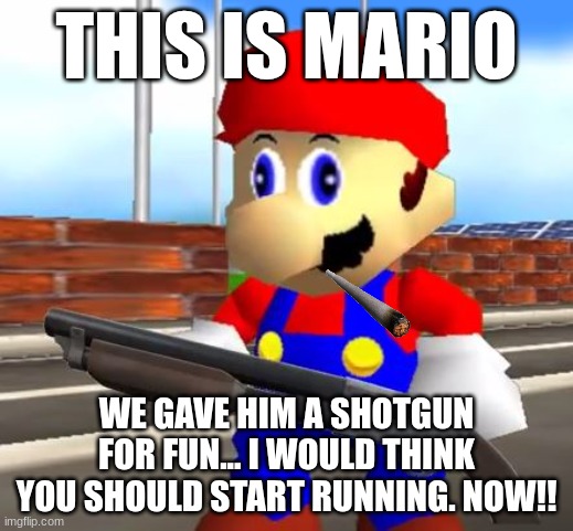 This is bad | THIS IS MARIO; WE GAVE HIM A SHOTGUN FOR FUN... I WOULD THINK YOU SHOULD START RUNNING. NOW!! | image tagged in smg4 shotgun mario | made w/ Imgflip meme maker