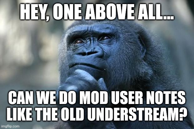 Just wanted to ask before I do it. The other mods can know through this as well. | HEY, ONE ABOVE ALL... CAN WE DO MOD USER NOTES LIKE THE OLD UNDERSTREAM? | made w/ Imgflip meme maker