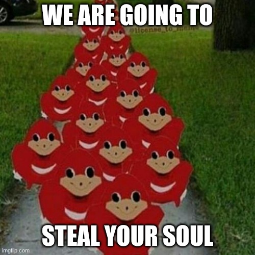 soul stealing, yippee! | WE ARE GOING TO; STEAL YOUR SOUL | image tagged in ugandan knuckles army | made w/ Imgflip meme maker