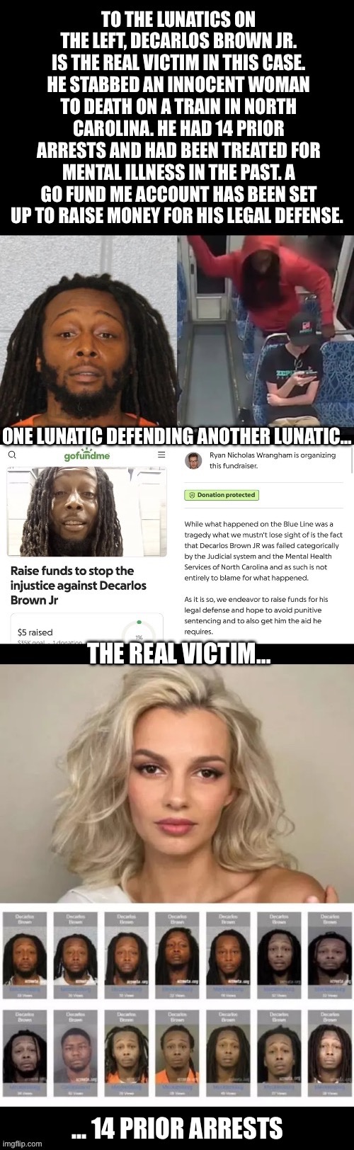 If the roles had been reversed… | ONE LUNATIC DEFENDING ANOTHER LUNATIC…; THE REAL VICTIM…; … 14 PRIOR ARRESTS | image tagged in political meme,train,stabbing,lunatics,career criminal | made w/ Imgflip meme maker