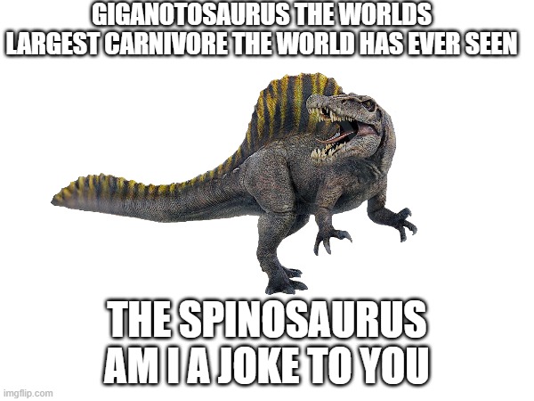 REALLY THE SPINOSAURUS IS THE BIGGEST | GIGANOTOSAURUS THE WORLDS LARGEST CARNIVORE THE WORLD HAS EVER SEEN; THE SPINOSAURUS
AM I A JOKE TO YOU | made w/ Imgflip meme maker