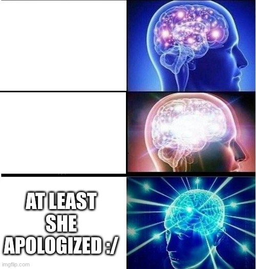 Expanding brain 3 panels | AT LEAST SHE APOLOGIZED :/ | image tagged in expanding brain 3 panels | made w/ Imgflip meme maker