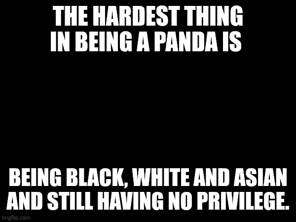 THE HARDEST THING IN BEING A PANDA IS; BEING BLACK, WHITE AND ASIAN AND STILL HAVING NO PRIVILEGE. | made w/ Imgflip meme maker