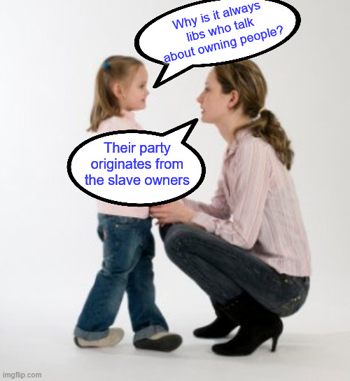 parenting raising children girl asking mommy why discipline Demo | Why is it always libs who talk about owning people? Their party originates from the slave owners | image tagged in parenting raising children girl asking mommy why discipline demo | made w/ Imgflip meme maker