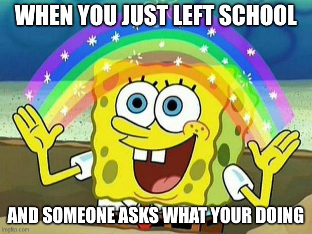 yeet the 11 yr | WHEN YOU JUST LEFT SCHOOL; AND SOMEONE ASKS WHAT YOUR DOING | image tagged in spongebob rainbow | made w/ Imgflip meme maker