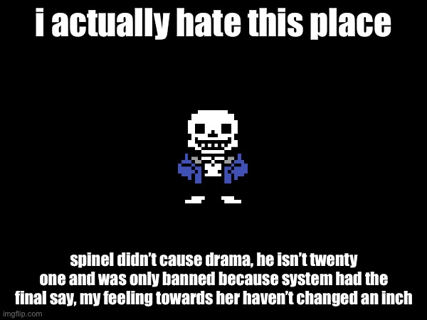 i actually hate this place; spinel didn’t cause drama, he isn’t twenty one and was only banned because system had the final say, my feeling towards her haven’t changed an inch | made w/ Imgflip meme maker