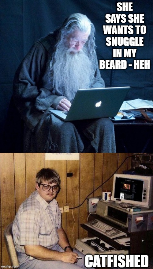 ~record scratch~ | SHE SAYS SHE WANTS TO SNUGGLE IN MY BEARD - HEH; CATFISHED | image tagged in dumbledore twitter,80's computer guy | made w/ Imgflip meme maker
