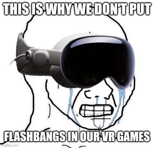 apple vision pro pain | THIS IS WHY WE DON'T PUT; FLASHBANGS IN OUR VR GAMES | image tagged in apple vision pro pain | made w/ Imgflip meme maker