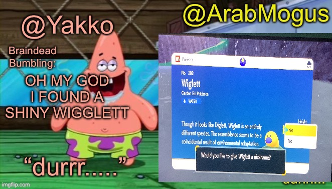 Yakko and ArabMogus’s shared temp | OH MY GOD I FOUND A SHINY WIGGLETT | image tagged in yakko and arabmogus s shared temp | made w/ Imgflip meme maker