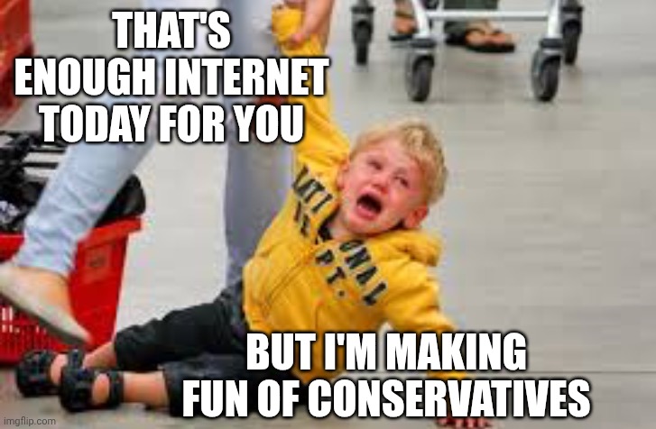Tantrum store | THAT'S ENOUGH INTERNET TODAY FOR YOU BUT I'M MAKING FUN OF CONSERVATIVES | image tagged in tantrum store | made w/ Imgflip meme maker