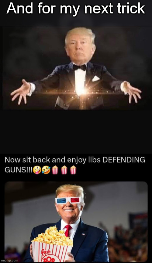 Trump can get dems to do anything... like defend guns | And for my next trick | image tagged in magic trump,getting dems to do anything,defend guns | made w/ Imgflip meme maker