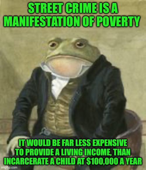 Colonel Toad | STREET CRIME IS A MANIFESTATION OF POVERTY; IT WOULD BE FAR LESS EXPENSIVE TO PROVIDE A LIVING INCOME, THAN INCARCERATE A CHILD AT $100,000 A YEAR | image tagged in colonel toad | made w/ Imgflip meme maker