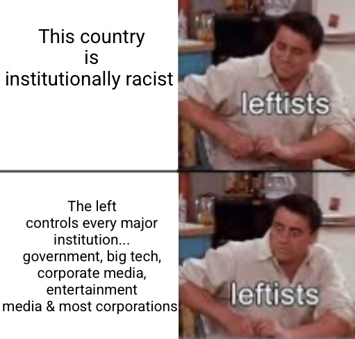They may want to think this through a bit | This country is institutionally racist; The left controls every major institution... government, big tech, corporate media, entertainment media & most corporations. | image tagged in libtards,liberal privilege,liberal logic,hypocritical,propaganda,leftists | made w/ Imgflip meme maker