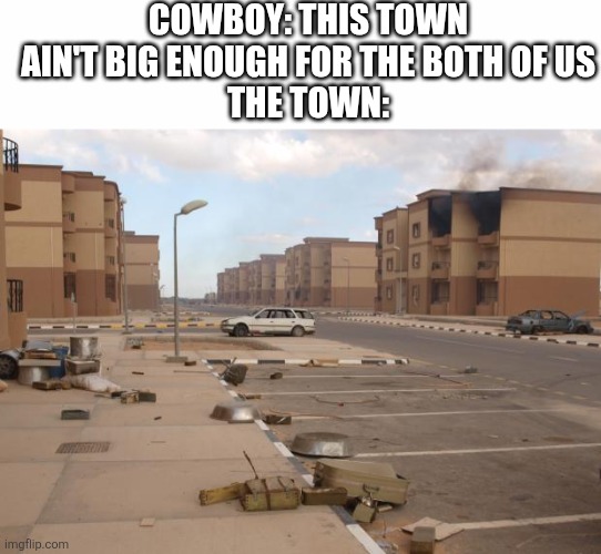 Like bro | COWBOY: THIS TOWN AIN'T BIG ENOUGH FOR THE BOTH OF US
THE TOWN: | image tagged in movies,logic | made w/ Imgflip meme maker